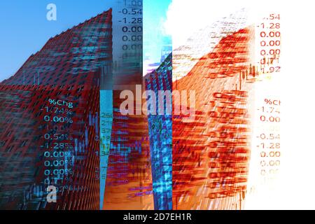red blue abstract city building and index market stock number for economic background Stock Photo