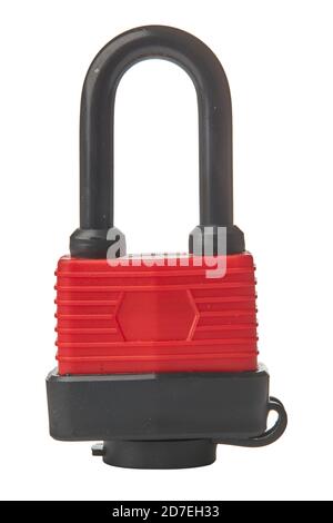 Red and black padlock closeup on white background Stock Photo