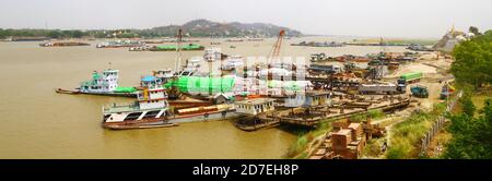 Commercial traffic on river Irrawaddy, Myanmar. Stock Photo