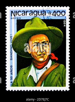 MOSCOW, RUSSIA - NOVEMBER 26, 2017: A stamp printed in Nicaragua shows Portrait, Augusto Cesar Sandino serie, circa 1984 Stock Photo