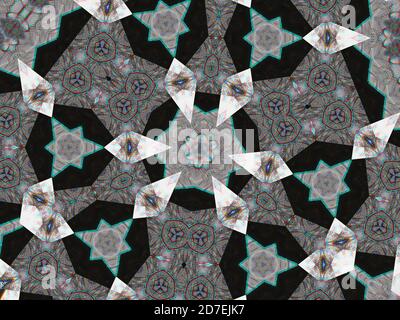 Kaleidoscope pattern with rhombuses and polygon shapes in white, gray, and black colors Stock Photo