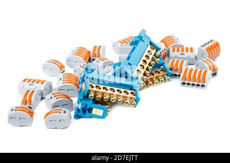 Electrical terminal blocks isolated on white background. Stock Photo