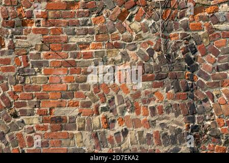 A section of antique red brick wall with random construction Stock Photo