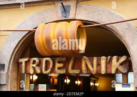 Shop in Prague specialized in Trdelnik, traditional pastries Stock Photo