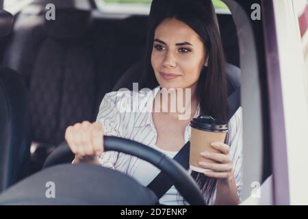 Close-up portrait of her she nice attractive charming gorgeous content busy successful businesslady riding car office drinking latte cacao good Stock Photo