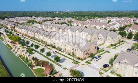 New development riverside townhomes and apartment complex in downtown Flower Mound, Texas, USA Stock Photo