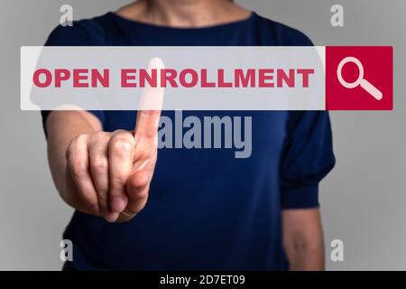 OPEN ENROLLMENT. Searching for information on the Internet concept. Web browser Stock Photo
