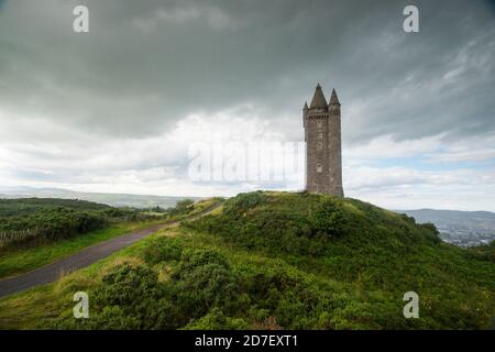 Scrabo Tower, a turreted tower 125' high located near Strangford Lough, County Down, Northern Ireland. Stock Photo