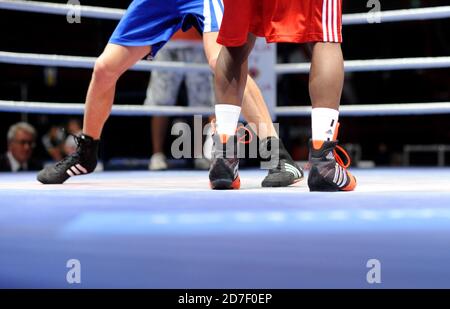 Close up boxer's shoes on ring, during an amateur boxing match during the AIBA World Boxing Champioship in Milan 2009. Stock Photo