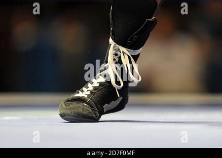 Close up boxer's shoes on ring, during an amateur boxing match during the AIBA World Boxing Champioship in Milan 2009. Stock Photo