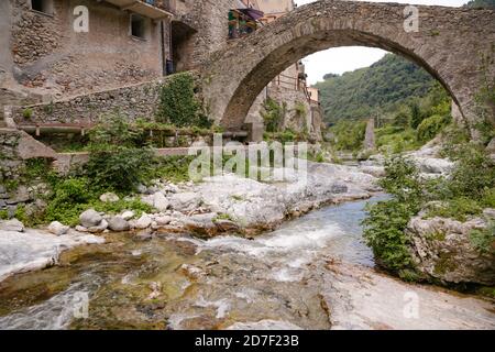Zuccarello architectures and historical bridge, medieval town near Albenga, Liguria, Italy Stock Photo