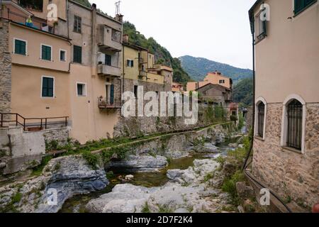 Zuccarello architectures and historical bridge, medieval town near Albenga, Liguria, Italy Stock Photo