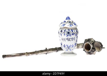 vintage apothecary jar and opium pipe isolated on white background Stock Photo