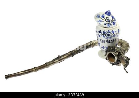 vintage apothecary jar and opium pipe isolated on white background Stock Photo