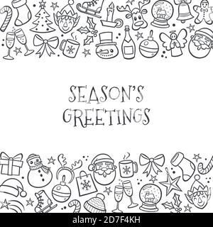 Christmas greeting icons isolated on white background. Doodle outline ornamental design elements. Vector illustration. Stock Vector