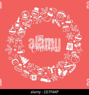 Christmas greeting card. Red background with hand drawn outlined elements. Vector illustration. Stock Vector