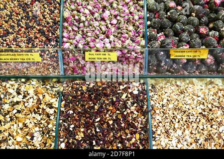 Mixtures for herb teas in bazaar of Istanbul Stock Photo