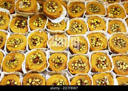 Sweets with pistachios in market of Istanbul, Turkey Stock Photo