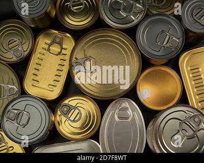 Different types of cans with prepared foods for consumption, vegetables, fish and meat Stock Photo
