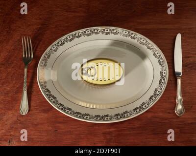 Different types of cans with prepared foods for consumption, vegetables, fish and meat Stock Photo
