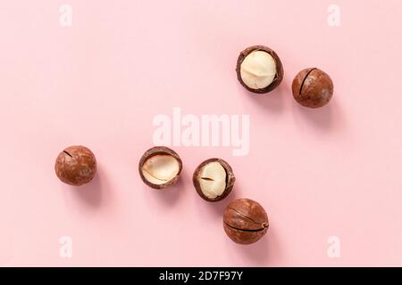 Raw cracked macadamia nut scattered on a pink solid background with copy space. Minimal composition. Stock Photo