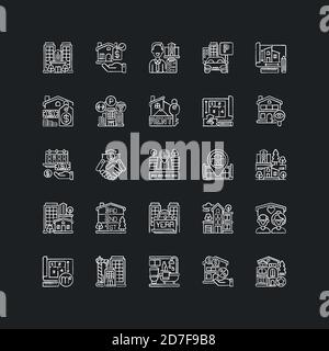Real estate chalk white icons set on black background Stock Vector