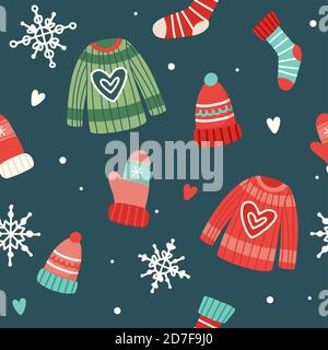 Christmas pattern with cute sweaters, hats, socks and gloves, vector illustration in flat style Stock Vector