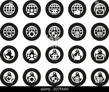 Globe App Icons White On Black Flat Design Circle Set Big Stock Vector