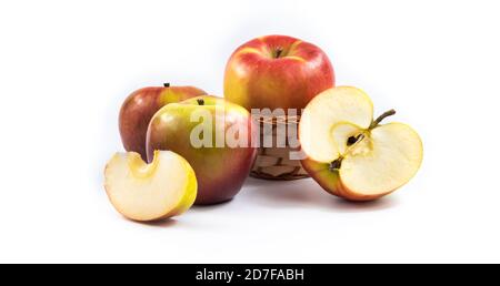 Composition still life many red apples, fruit illustration, banner on white and isolated background Stock Photo