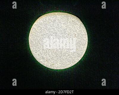 Abstract illustration of a white ball with a green glow on a black background. Stock Photo