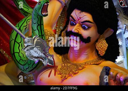 Picture of Hindu festival Maha Durgotsab. The face of the demon. It is a sculpture made by the artist with clay and straw. Stock Photo