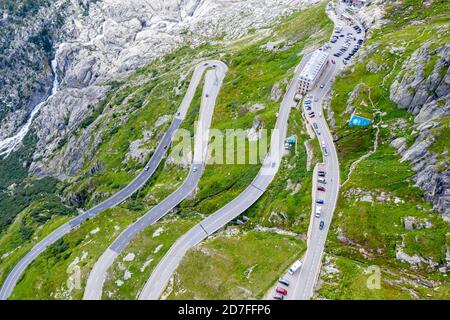 Aerial view of the Belvedere Hotel and the Furka Pass road, Obergoms, Canton of Valais, Swiss Alps, Switzerland Stock Photo