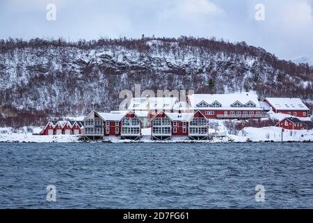 Wonderful architecture with red houses in Stokmarknes on the Vesterålen, Norway Stock Photo