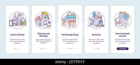 Self care practices onboarding mobile app page screen with concepts Stock Vector