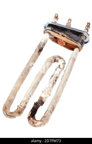 Damaged heating element of the washing machine is isolated on a white background. Stock Photo