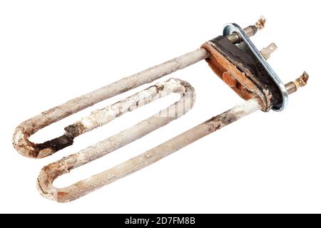 Damaged heating element of the washing machine is isolated on a white background. Stock Photo