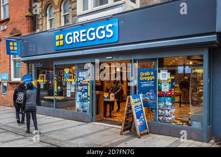 Greggs Bakery - Greggs Cafe and Bakery Food Store in Felixstowe UK Stock Photo