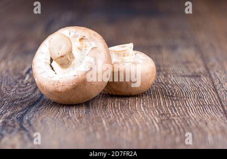 Two fresh brown mushrooms champignons on wooden table. Close up. Copy space. Stock Photo