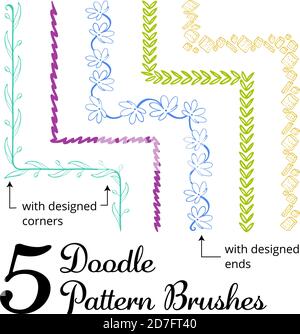 Vector set of five hand drawn brushes with corner tiles. Seamless pattern of different colors for frames, borders and design elements. Vector isolated Stock Vector