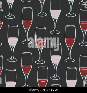 Vector seamless with wineglasses on a dark background. Design concept for winery of restaurant. Wallpaper or menu design. Stock Vector