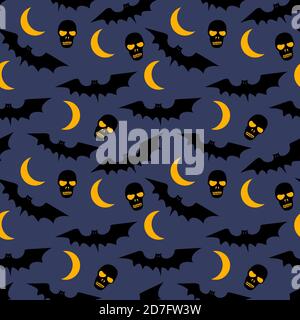 Vector seamless pattern with bats, moons, skulls and trees. Stock Vector
