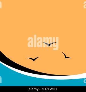 Sea waves and seagulls. Orange sky. Seascape in a flat style. Vector illustration banner with place for text. Stock Vector