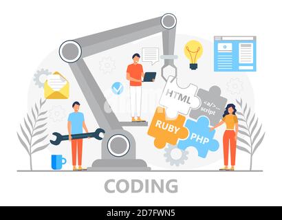 Web developer concept vector for landing page. Programmer constructs website using crane and writes code. Software engineer working in digital or AI t Stock Vector
