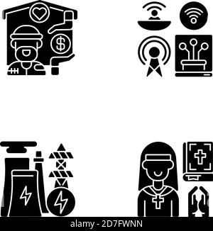 Fundamental services black glyph icons set on white space Stock Vector