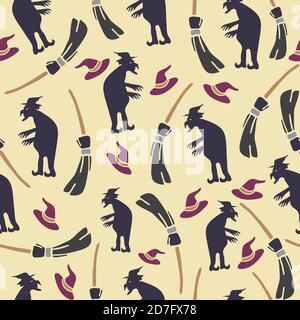 Abstract seamless halloween pattern for girls or boys. Creative vector background with cat, witch, halloween. Funny pattern for textile and fabric. Fa Stock Vector