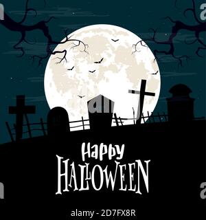 Happy halloween card. Creepy graveyard. Scary cemetery - Vector Stock Vector