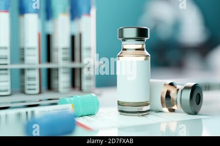 A generic medical vaccine vial bottle in a laboratory setting. 3D illustration background. Stock Photo