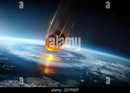 A huge city sized meteor slams into the earth's atmosphere creating shock waves. Mass extinction meteor strike event 3D science illustration. Stock Photo