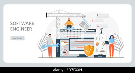 Web developer concept vector for landing page. Programmer constructs website using crane and writes code. Software engineer working in digital or AI t Stock Vector