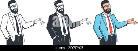 Stylish bearded man in glasses and suit invites gesture Stock Vector